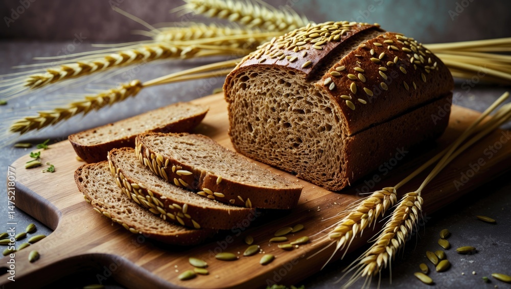 Poster fresh sliced rye bread made from whole grain and seeds, displayed on a rustic board