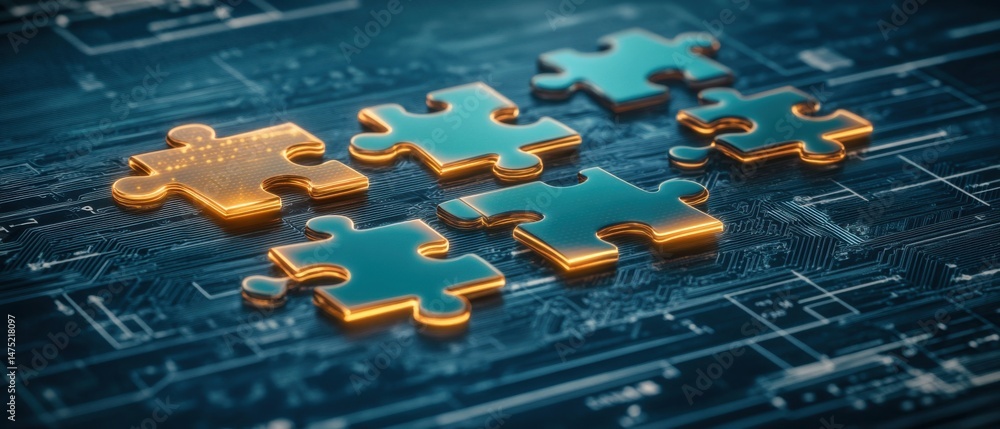 Poster puzzle pieces on circuit board illustrating integration and connection close up perspective concept 