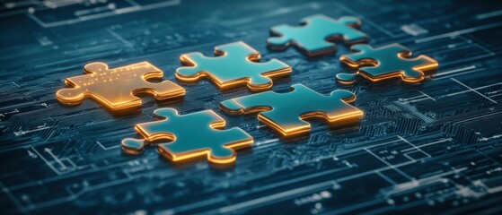 Puzzle Pieces on Circuit Board Illustrating Integration and Connection Close Up Perspective Concept of Technology and Solutions