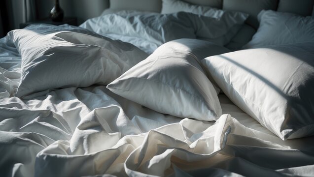 White pillow and bed sheet in disarray in a bedroom after sleep