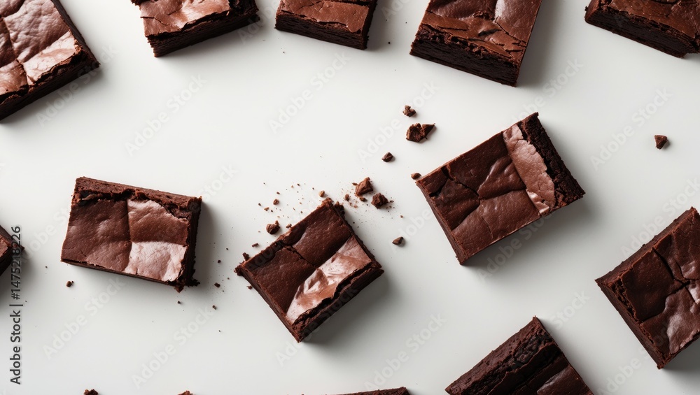 Poster chocolate brownie slices in flight on background for banner design