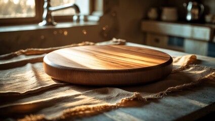 Fototapeta premium Unused olive cutting board situated on dining table with open area for text, broad view