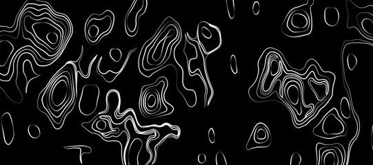 Minimalist topographic map design featuring black contour lines on a matte black background, subtle lighting and shadow effects to highlight elevation changes, abstract and modern aesthetic.
