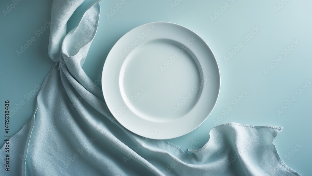 Poster empty white dish with a cotton napkin set against a backdrop. culinary backdrop for menu, recipe boo
