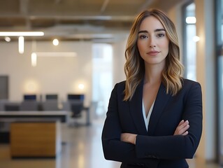 A professional businesswoman stands confidently in an open office, looking at the camera with poise, her demeanor reflecting leadership and success.