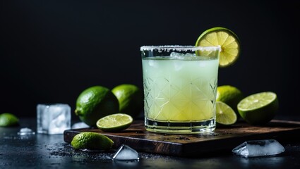 Fototapeta premium Timeless Margarita with lime and ice cubes in the background. Vertical style. Fresh summer alcoholic concoction.
