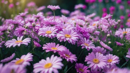 Fototapeta premium Garden bed featuring side view of charming light purple flowers with selective focus