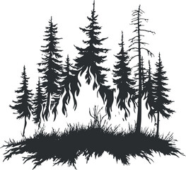 Fototapeta na wymiar Silhouette of pine trees with fire in the forest representing wildfire and environmental destruction