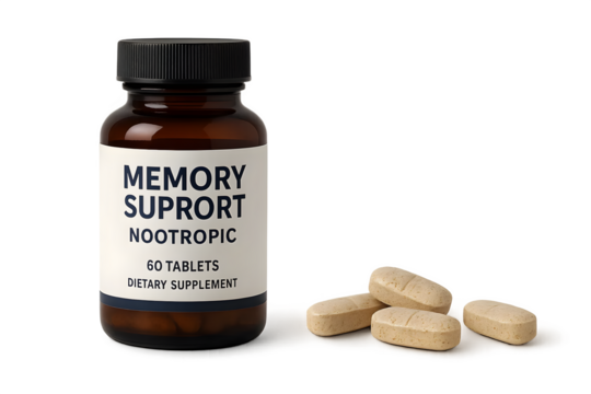 A bottle of dietary supplement labeled Memory Support Nootropic with six tablets placed next to it. Concept Memory Support Nootropic, Dietary Supplement, Cognitive Enhancement, Brain Health