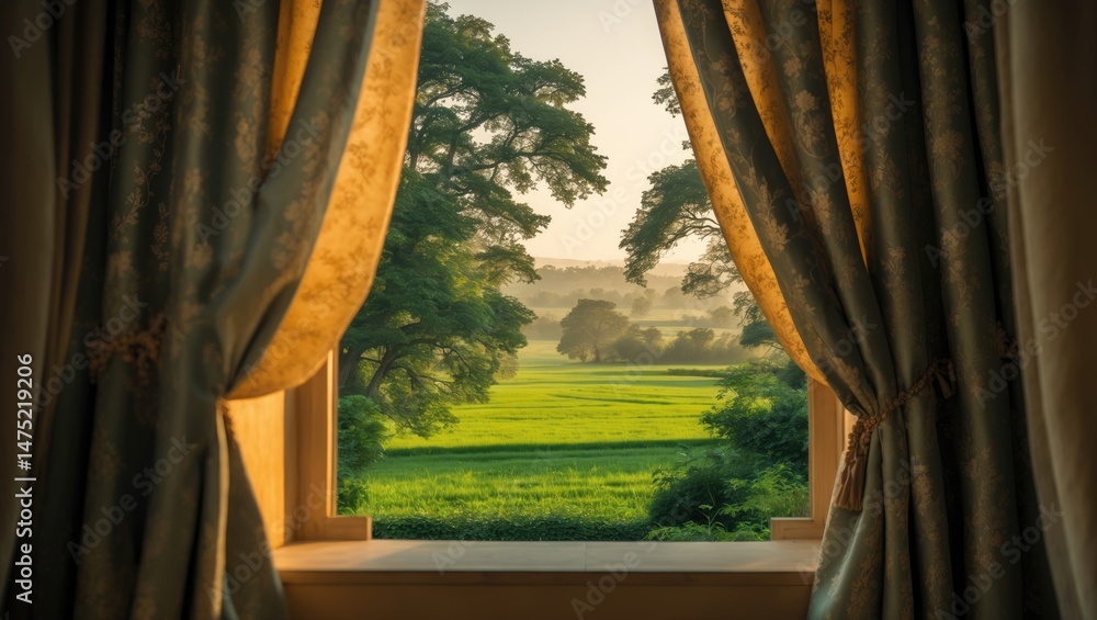 Poster flourishing trees and open field beyond a window