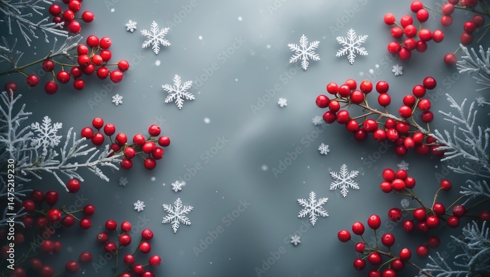 Poster Festive winter scene with red berries and snowflake patterns on a gray flat lay background