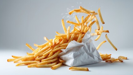 Packaging bursting with flying French fries in the background