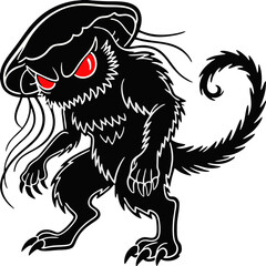 Dark Monster Creature with Jellyfish Head and Red Eyes in Vector Style
