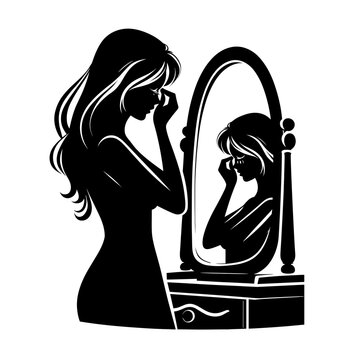 recommend clip art: Woman looking in mirror at vanity