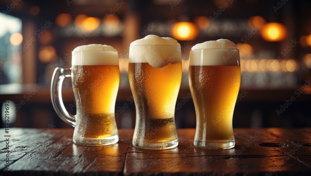 Poster Set of three different beers in glasses on the counter