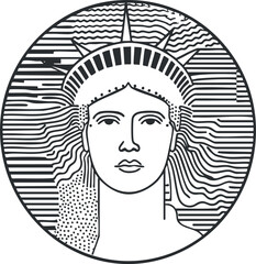 Black and white line art illustration of the Statue of Liberty face inside a circular frame symbolizing freedom and American heritage.