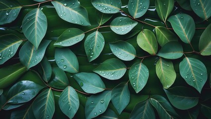 Obraz premium Raindrop and dew-laden leaves forming a textured pattern in a flat lay top view