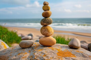 A serene stack of smooth stones on a beach, with gentle waves in the background and a calm sky. Nature's tranquility captured in perfect harmony.