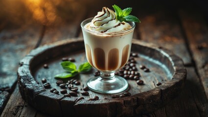 Refreshing mint latte on ice in a glass with a wooden surface
