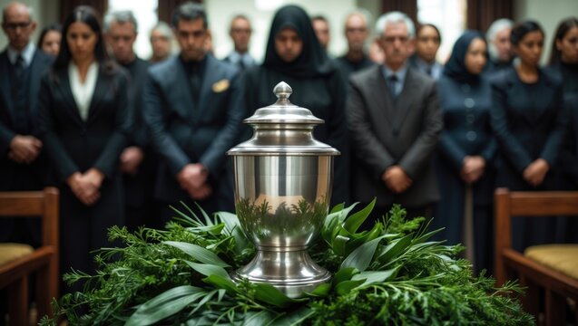 A metallic urn with ashes displayed at a memorial service, while people mourn in the background. A sad moment reflecting the conclusion of a life. Last goodbye to someone held in an urn.