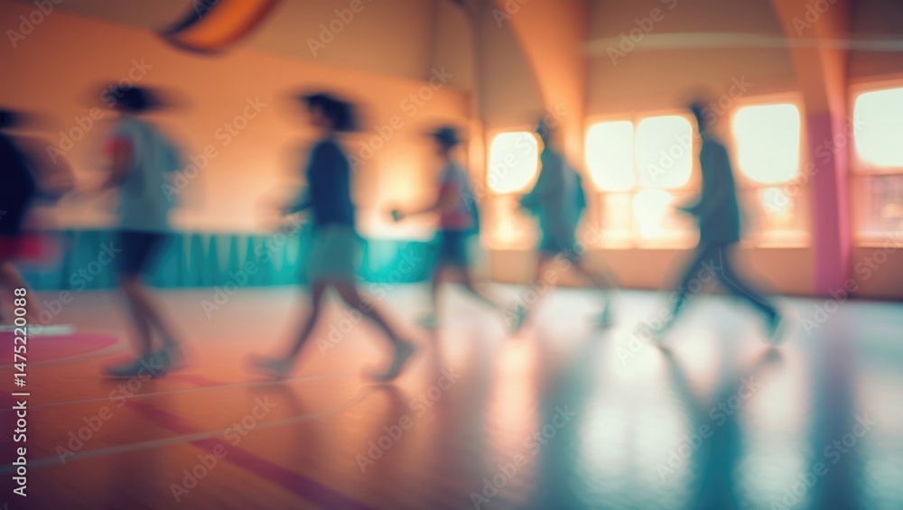 Poster defocused scene of individuals in a gymnasium setting with architectural details