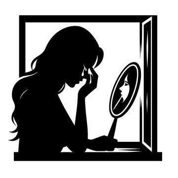 recommend clip art: Silhouette woman looking at mirror against windowsill