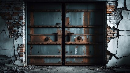 A worn iron warehouse door or gate with rust on a fragile brick wall