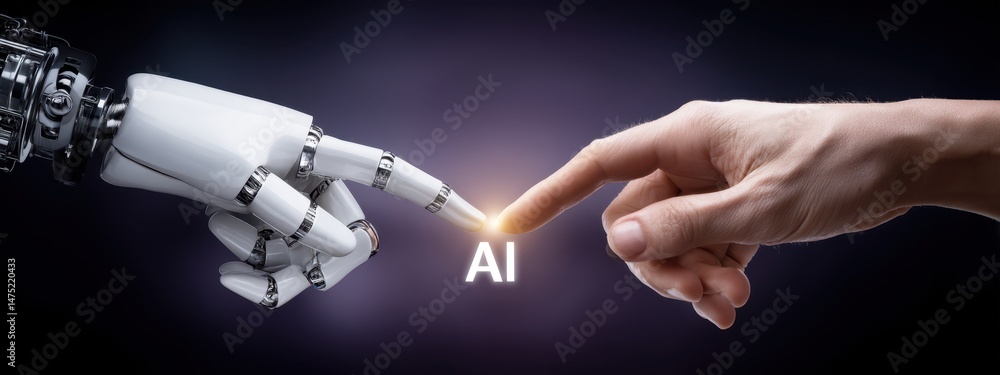 Poster a futuristic innovation is depicted through the image of a robot and human hand touching, surrounded