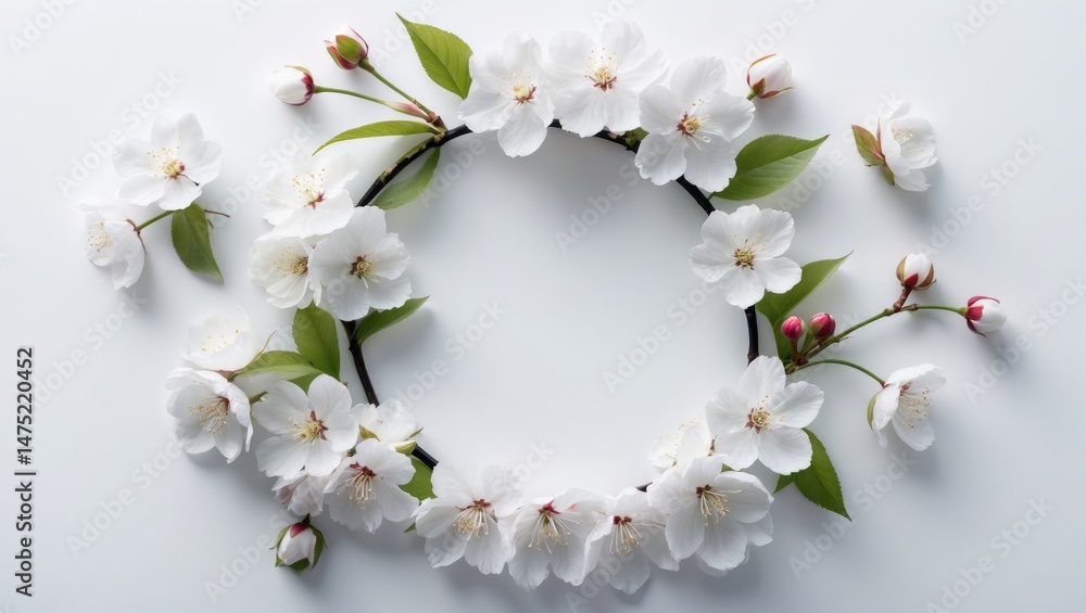 Poster single cherry blossom with branch on plain background