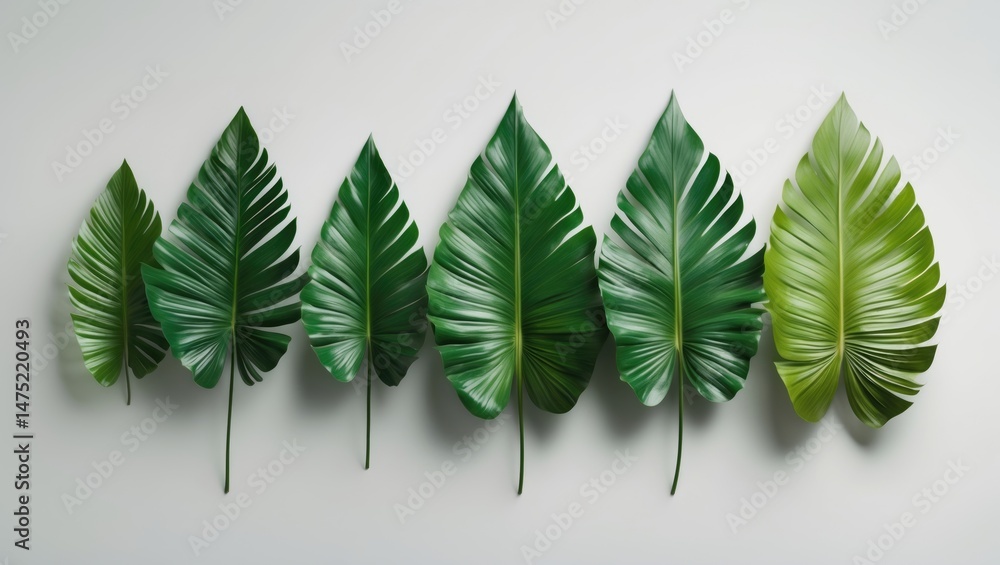 Poster green palm and tropical leaf collection creating an exotic foliage pattern on a white backdrop
