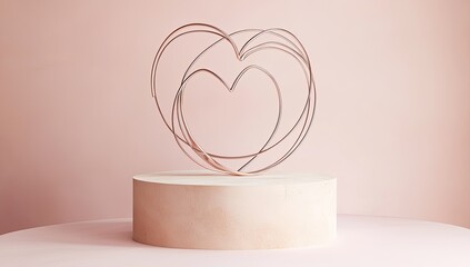 Rose gold wire heart sculpture on pale pink pedestal