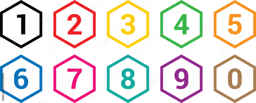 Aufkleber simple numbers icon with different color outline polygon. from 0 to 9. number button art vector illustration.