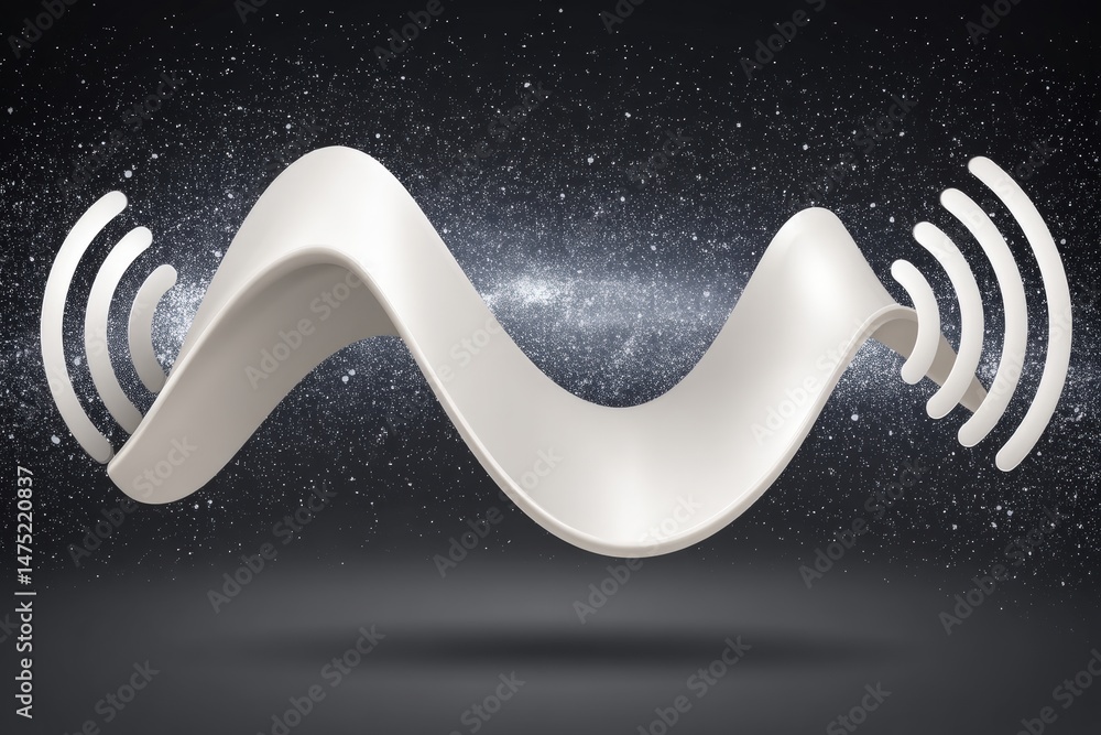 Poster abstract 3d wave shape floats amid a starry space background, radiating signal or sound waves from b