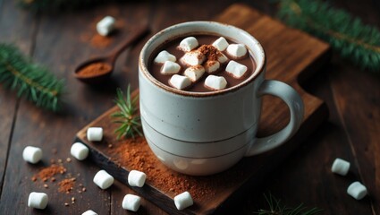 Cup of cocoa chocolate with hot drink and white marshmallows on cozy wood desk, cacao in mug on rustic brown table, holiday coffee house scene, top-down view, copy area