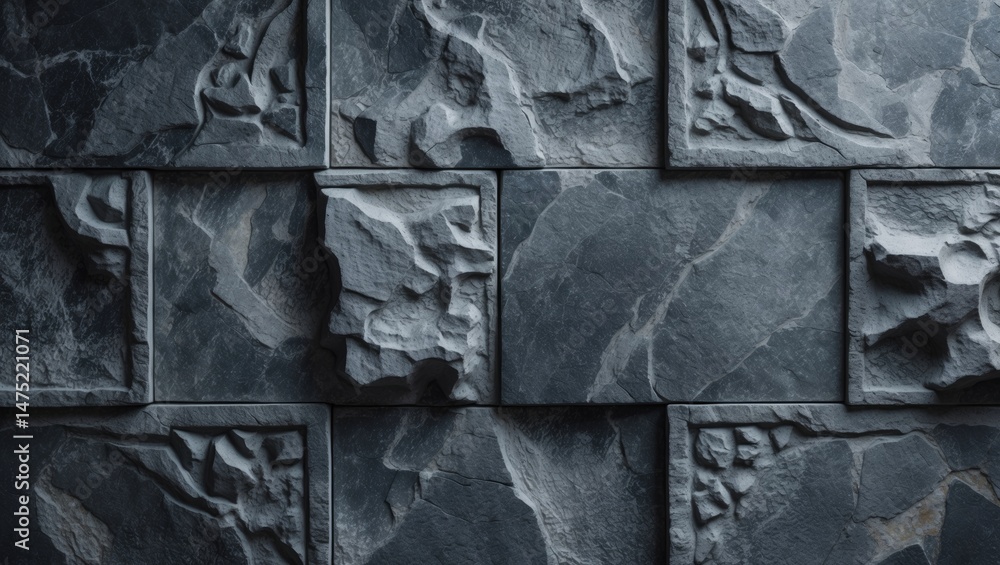 Poster carved stone texture on dark grey rustic blocks combined with vitrified parking tiles, featuring ran