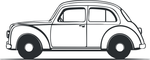 Black and white side view illustration of a classic retro car with rounded design and wheels