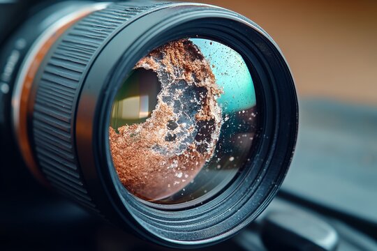 Close-up of camera lens with dirt and damage reflecting light