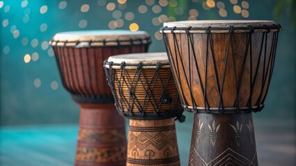 Three Djembe Drums Bokeh Background, African Percussion Instruments, Musical Concept, Djembe, Percussion Djembe, African Music