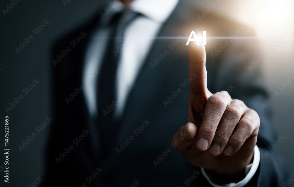 Poster a person interacts with ai or technology, where a man touches a virtual chat with a smart to get the
