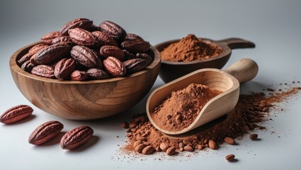 Background featuring cacao beans and milled cacao powder