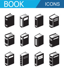 Collection of various black and white book silhouette icons featuring different angles, open and closed views, spine designs, and page orientations for design use.	