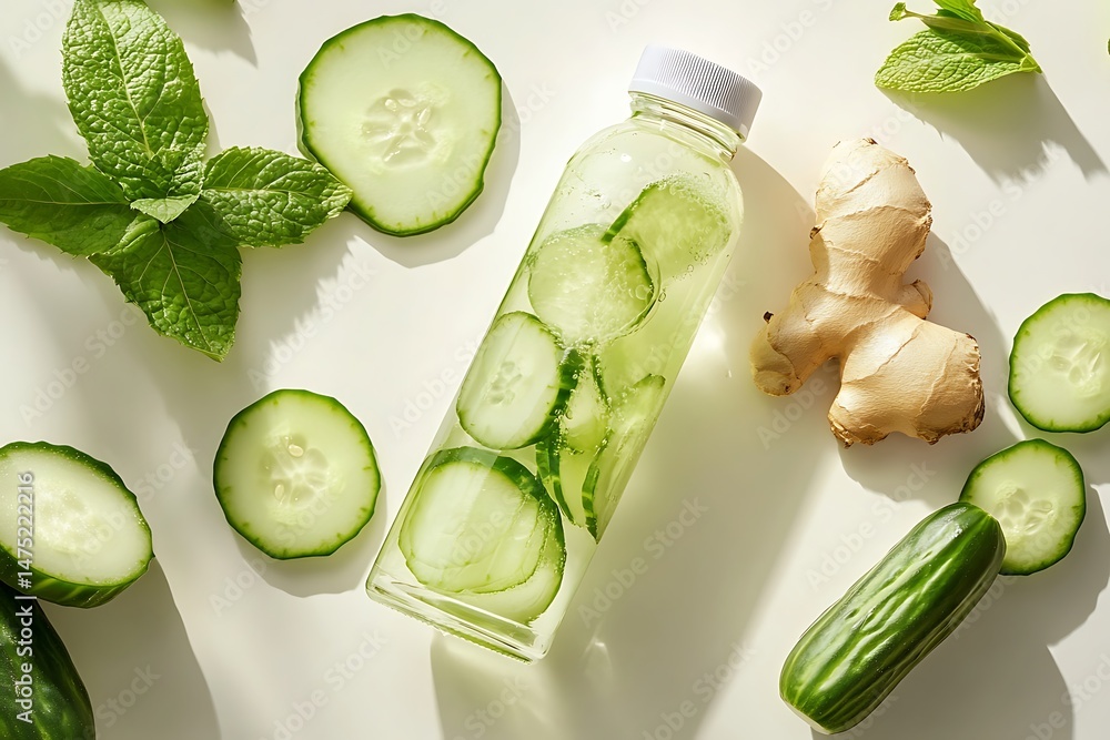Poster ginger and cucumber water in a minimal bottle, overhead view on a clean soft background
