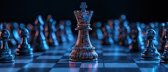 A single chess queen stands out on a board surrounded by other pieces in a dimly lit setting.