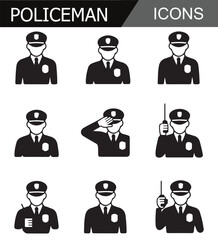 Set of police officer icons in uniform, representing law enforcement, security, and public service in a minimalist black design.