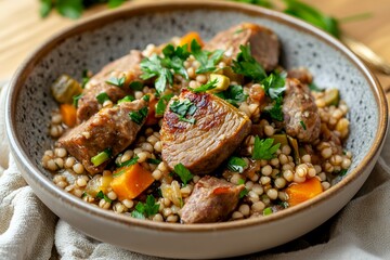 Fototapeta premium Savory lamb stew with vegetables and couscous in a rustic bowl