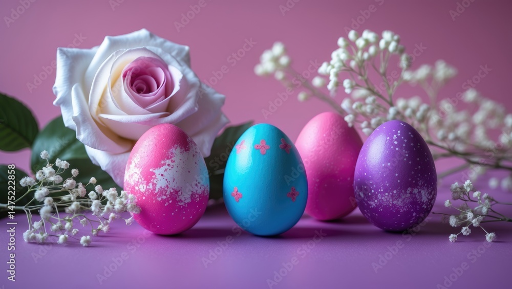 Poster easter eggs displayed on a light pastel backdrop. homemade painted designs. true horizontal picture 