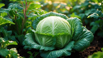 Eco-garden featuring sunlit growth of organic annual cabbage.