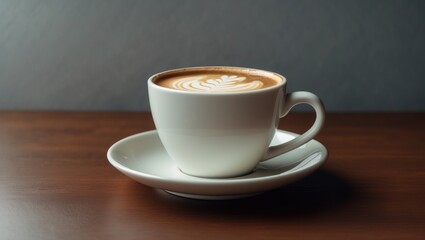 White cup with cappuccino on a saucer resting on a table surface.