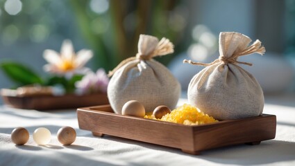 Obraz na płótnie Canvas Closeup view of a table in a spa salon with herbal bags of sea salt, massage balls, and flowers