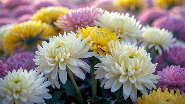 Crisp, cool air heralds the blooming of creamy white and purple perennial chrysanthemum flowers.